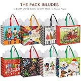 HOIIOH 16 Extra Large Christmas Gift Bags Bulk with Handles, Reusable Christmas Tote Bags, Non-Woven Christmas Shopping Bags Set for Wrapping Gaint Xmas Holiday Presents(8 Designs)