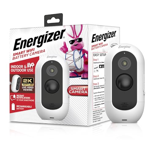 Energizer Smart 2K Outdoor Battery Security Camera, Wireless, Rechargeable, Weather-Resistant, Live View, 2-Way Audio, Night Vision, Motion Alerts, Hub-Free Wi-Fi, Remote Access, Records Video/Audio