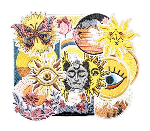 HEYTRCO 13PCS Boho Sun and Sunset Iron on Patches, Aesthetic Sunflower Eye Rainbow Hippie Embroidered Badges for Clothes, Applique for Shirts, Trucker Hats, Jeans, Jackets, Bags, Dress