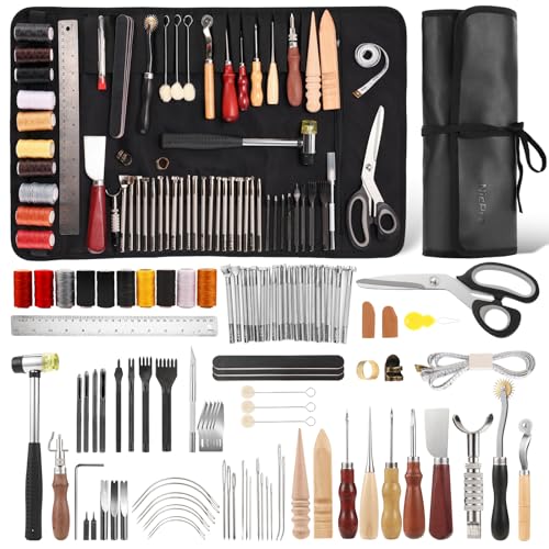 Nicpro 85PCS Leather Tooling Kit Leather Working Tools Kit with Custom Storage Bag, Adults Leather Making Craft Tools Beginner Kit for Stamping Sewing Carving Cutting Punching Leather Working