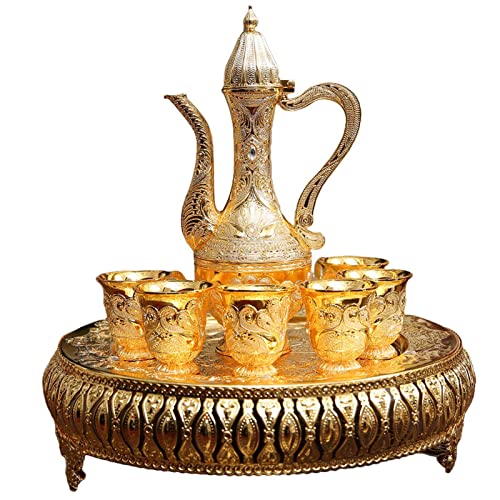 Turkish Coffee Cup and Tea Pot Set Including Teapot,Tea Tray,6 Metal Cups,Tea Service Set for Tea Table Decor,Hip Flask(Gold)