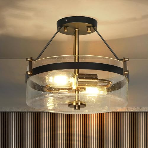 KSANA Semi Flush Mount Ceiling Light, Modern Black Gold 2 Light Ceiling Lights with Seeded Glass Mid-Century Close to Ceiling Lights for Bedroom Entryway Foyer, 12.2" W x 10.2" H