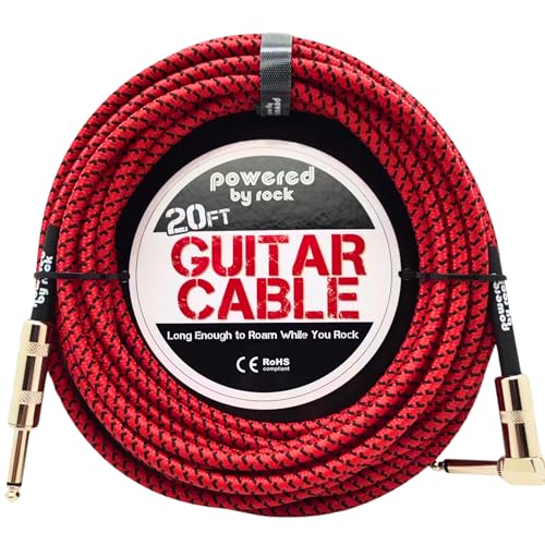 Powered By Rock Guitar Cable for Electric Guitar & Bass - 20ft Instrument Cable - No Buzzing or Tangles - 1/4 Inch Male to Male Inputs with a Right Angle Jack On One End to Secure Your Amp Cord