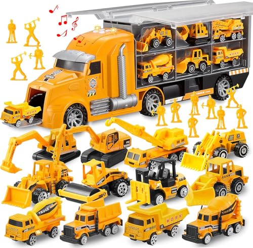 JOYIN 25 in 1 Die-cast Construction Play Vehicle Set, Vehicles with Sounds and Lights in Carrier Truck, Push and Go Car Toy, Kids Birthday Gifts for Over 3 Years Old Boys