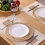 Zology Handmade Boho Placemats Set of 6 - Natural Cotton Burlap and Water Straw Woven Combination Table Mats, Macrame Décor and Farmhouse Style Placemats, for Dining Table Kitchen