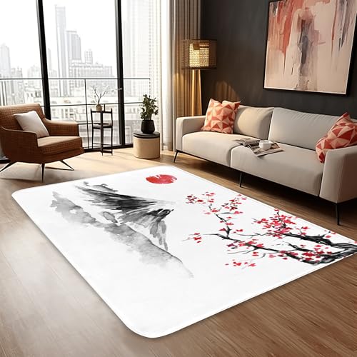 5x7 Area Rugs,Japanese Sakura Sun and Mountain Area Rugs for Living Room Rugs Machine Washable Area Rug for Bedroom Laundry Room Kitchen Non Slip Carpet Soft Low-Pile