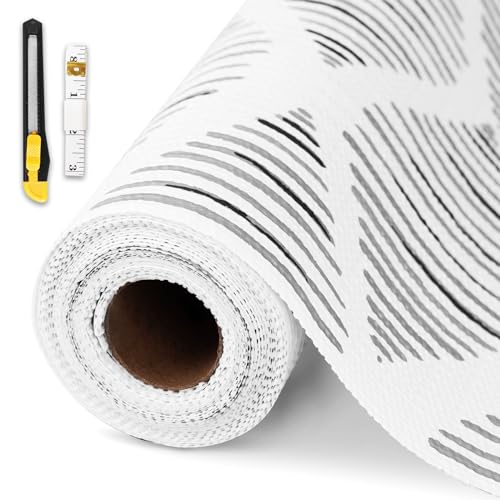 Drawer and Shelf Liner for Kitchen Cabinet,Non-Adhesive Cabinet Liner 12in x 20FT,Waterproof Shelf Paper Non-Slip Mats Cupboard Liners Contact Protect Dresser/Shelves/Table-Square Stripes