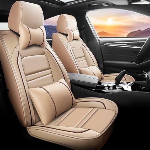 PACKMACH Car Seat Covers for Lincoln Town Car 1993-2011, 5 Seat Leather Covers, Front and Rear Seat Cover Wear-Resistant and Dirt-Resistant Waterproof Accessories(Full Set with Pillow,Beige)