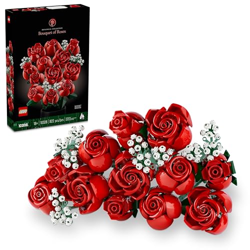 LEGO Botanicals Bouquet of Roses Artificial Flowers - Fake Red Roses Building Sets for Adults, Ages 18+ - Gifts for Her and Him - DIY Kits for Home Decorations - 10328