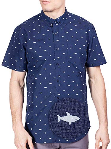 Visive Mens Short Sleeve Button Down Shirt Hawaiian Shark Sizes S-4XL Big Mens, Funny Novelty Summer Prints, Modern Slim Fit, Business Casual Button-Up Shirts for Men - Navy Shark XL