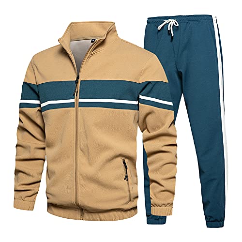 LBL Leading the Better Life Men's Activewear Full Zip Warm Tracksuit Sports Set Color Matching Casual Sweat Suit Khaki XL