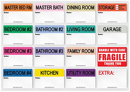 enKo - 2 x 3 Inch Extra Large Home Moving Packing Labels Stickers for Box - Color Coded for Boxes, Packing Box Fragile Stickers (800 Labels, 4 Bedroom House)