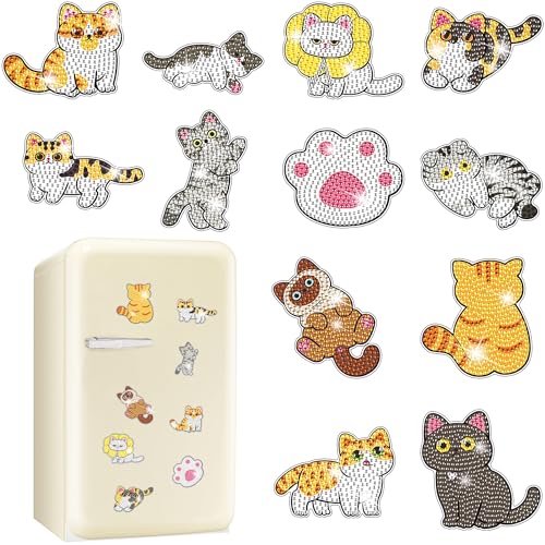 Vcekract 12 PCS Diamond Painting Refrigerator Magnets, Cat Diamond Painting Kits for Adults, Diamond Art Kits for Home Decor, Small Diamond Art Crafts