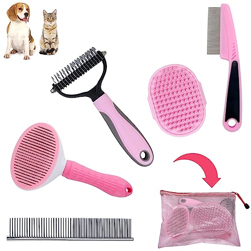 MASTER QUEEN Dog Grooming Kit - Deshedding Brush for Short Hair, Slicker Brush, Flea Comb, Puppy Brush Set in Pink