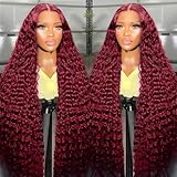 99j Burgundy Lace Front Wigs Human Hair 28inch 13x6 HD Deep Wave Lace Front Wigs Human Hair Pre Plucked 200 Density Wet and Wavy Red Colored Curly Frontal Water Wave Glueless Human Hair wigs for Women