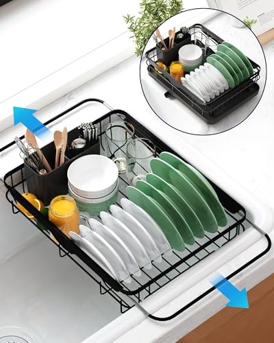 Kitsure Dish Drying Rack- Space-Saving Dish Rack, Dish Racks for Kitchen Counter and Sink, Stainless Steel Kitchen Drying Rack with a Cutlery Holder, 12''W x 15''~23''L, Black