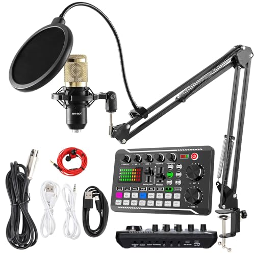 SINWE Podcast Microphone Bundle, BM-800 Condenser Mic with Live Sound Card Kit, Podcast Equipment Bundle with Voice Changer and Mixer Functions for PC Smartphone Studio Recording & Broadcasting