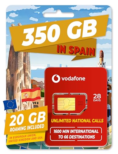 Vodafone Spain XL Prepaid SIM Card 350GB and 26GB in The Rest of Europe, UK, Turkey | 1600 Minutes to The US, Canada and to 66 Other Countries | Activation only at www tourtech .Shop