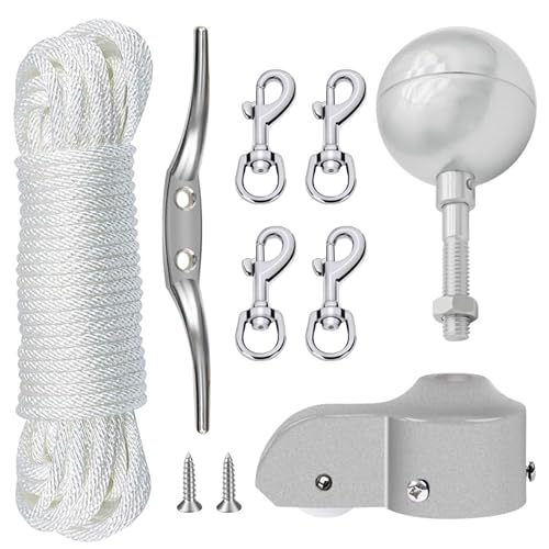 NQ Flagpole Hardware Repair Parts Kit,50 Feet Halyard Rope+3" Silver Ball+6" Zinc Alloy Cleat+4 Metal Swivel Snap Clips+Aluminum Alloy Flagpole Truck with Nylon Pulley for 1.6"-2" Flag Poles