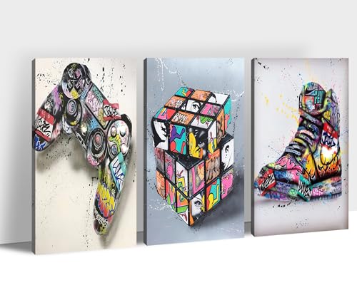 Multi Panel Graffiti Canvas Wall Art - 3 Piece Graffiti Pop Street Art Canvas Prints for Wall Decor, Cool Framed Artwork for Boys Bedroom Man Cave Ready to Hang 12x18 Inches x 3Panel
