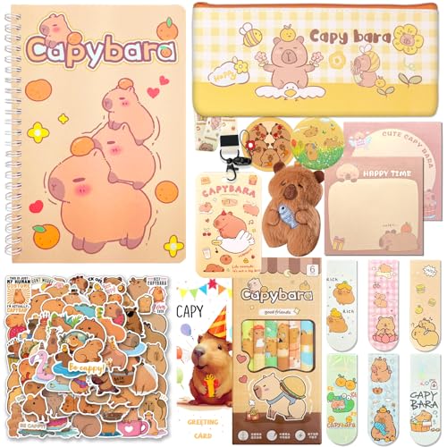 Capybara Gifts, Capybara School Supplies Stationery Set, Including Cartoon Journal Pencil Case Ballpoint Pen ID Badge Holder Stickers Keychain Bookmark Greeting Card