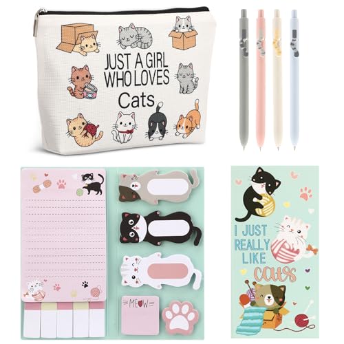 MotiMind 6 Pcs Cute Cat Stationery Set Back to School Supplies Pens Sticky Notes Makeup Bag Pencil Pouch for Girls Women Cat Lovers Gifts School Office Supplies