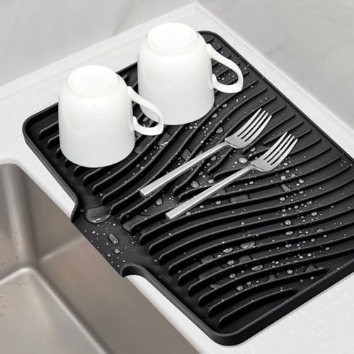 TIKNIK Silicone Dish Drying Mat for Kitchen Counter, Dish Drying Pad, Non-Slip Drain Pad with Built-in Drain, Heat Resistant Stone Drying Mat(15.8" x 13", Black)