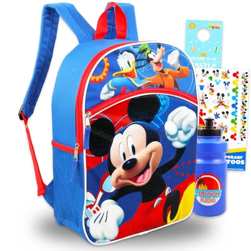 Disney Mickey Mouse Backpack for Boys - Bundle with 16” Canvas Mickey and Friends Backpack with Water Bottle, Tattoos, More Backpack Set for Kids, Toddlers