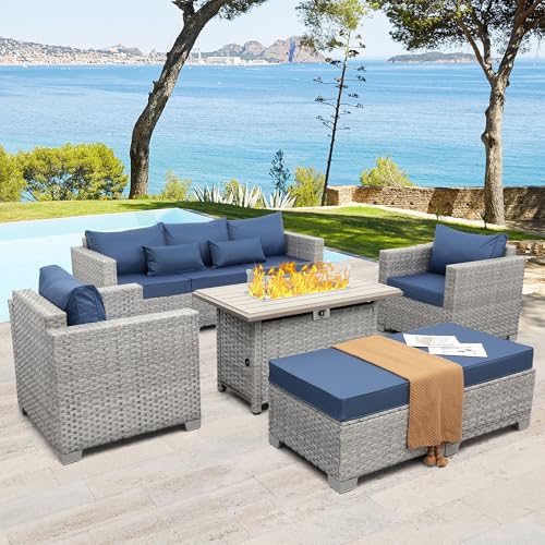 WAROOM Patio Furniture Set 6 Piece Grey Wicker Outdoor Furniture Patio Sectional Sofa Couch PE Rattan Conversation Sets with Fire Pit Table, Blue Cushion