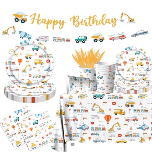 Transportation Birthday Party Supplies,142Pcs Transportation Paper Plates and Napkins Set for Table Decorations Truck Theme Party Decorations for Boy Birthday,Baby Shower Party