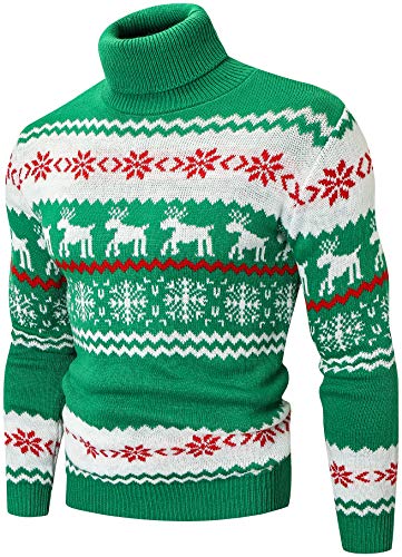 Men's Christmas Sweater, Fashion Christmas Snowflake Reindeer Knit Turtleneck Pullover Sweater Tops, Pat1 Green, Large
