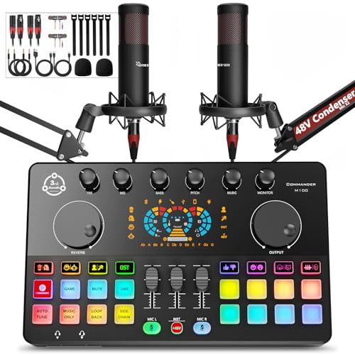 Podcast Equipment Bundle for 2, Audio Interface DJ Mixer with 48V XLR Condenser Microphone, Voice Change, RGB, for Streaming, Podcast Recording,Tiktok,PC, Smartphone COMMANDER M100 3rd