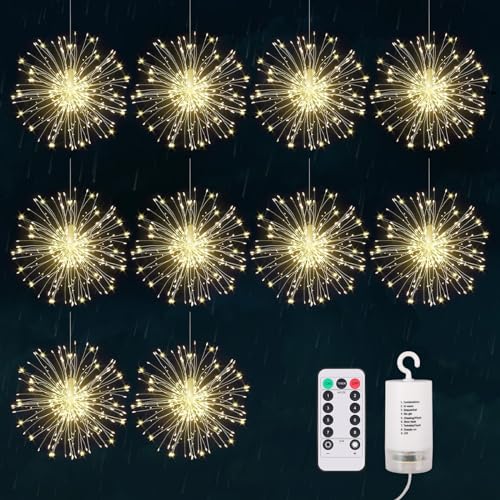 KIKILIVE Firework Lights,10 Pack LED Copper Wire Fireworks Lights Fairy Lights Christmas Hanging Dimmable String 8 Modes Waterproof with Remote Control