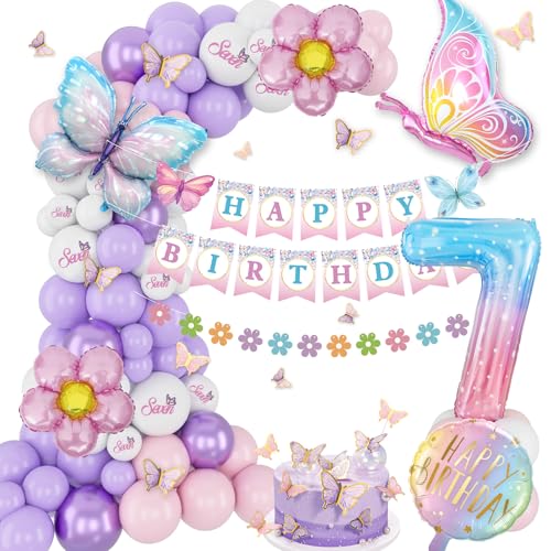 7th Birthday Decorations for Girl, 7 Year Old Birthday Decorations Girl Butterfly Birthday Decorations Happy Birthday Banner Pink and Purple Balloons Seven Birthday Decorations Girl