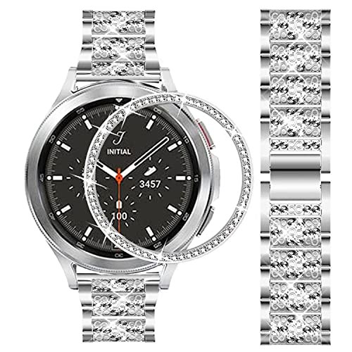 SPINYE Bands Compatible with Samsung Galaxy Watch 4 Classic 46mm, Jewelry Bling Rhinestone Diamonds Metal Bracelet with Bezel Ring Cover Watch Fase Replacement Accessories for Women Men (Silver)