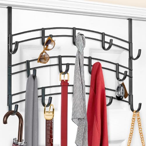 LYNK Professional® Home™ Over Door Hooks Rack - 14 Hook Over Door Hanger - Over Door Towel Rack - Hanging Towels or Clothes - Bathroom, Bedroom or Laundry Room - Lifetime Ltd. Warranty - Black