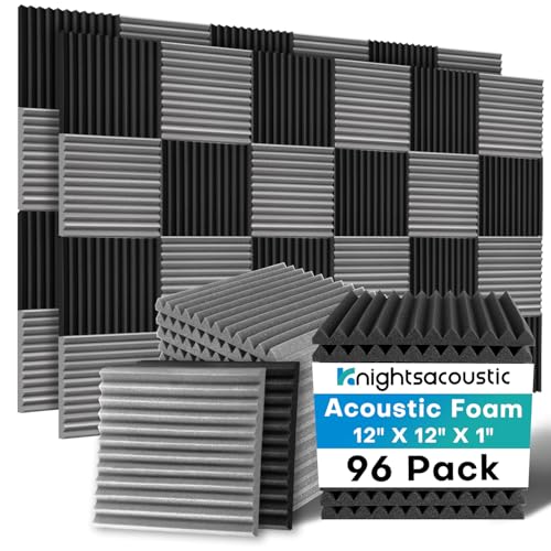 Knightsacoustic 96 Pack Sound Proof Foam Panels for Walls, 1 X 12 X 12 Inches Acoustic Foam Panels, High Density Acoustic Panels Sound Absorbing, Black Gray Noise Cancelling Studio Wedges