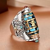 MUZHINING 925 Sterling Silver Feng Shui Ring, Turquoise Ring, Six-Character Mantra Lucky Wealth Money Ring, Neo Chinese Style Aztec Rings, Relieving Stress Rotating Adjustable Ring