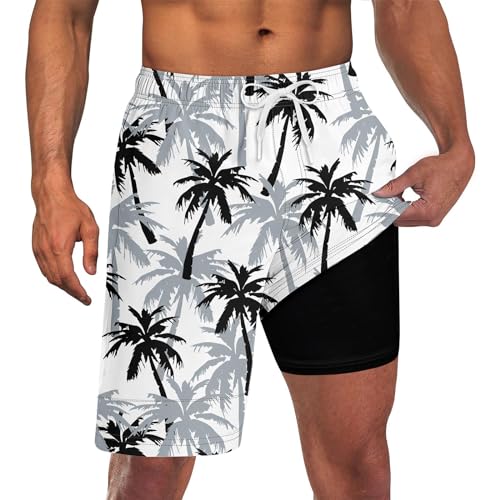 UNICOMIDEA Swim Trunks with Compression Liner for Men White 9 Inch Board Shorts Swimming Surfing Beach Shorts Man Swim Suits Palm Trees Hawaiian for Holiday TravelWear M