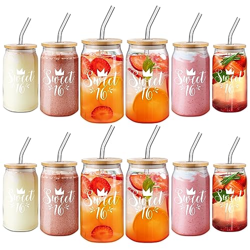 Lallisa 12 Pack Sweet 13/16/18th Gifts for Girls 16 oz Glass Cups with Lids and Straws 13/16/18th Birthday Party Favors for Her 16oz Coffee Glass Cups Daughter Birthday Gift(Cute 16th Style)