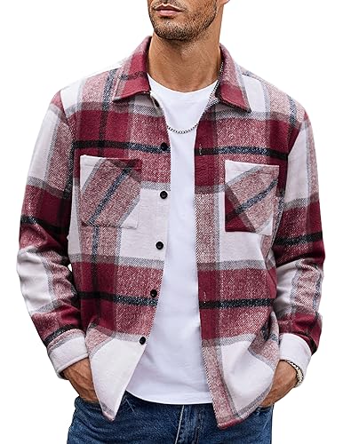 COOFANDY Red Flannel Shirt for Men Long Sleeve Classic Plaid Shirt Casual Button Down Work Jacket