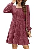 SAMPEEL Long Sleeve Dresses for Women Babydoll Knee Length Dress Teen Girl Hot Pink S