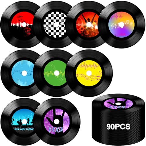 uyakhom 90 Pcs 13 Inch 1950's Rock and Roll Vinyl Record Paper Placemat Round Disposable Music Coasters for Drinks Classic Vintage Party Table Mats for Anniversary Dining Home Decorations