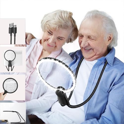 Hands-Free 6X Magnifying Glass & Goose Neck Magnifier with Light | Neck-Worn Rechargeable for Reading, Crafts, Cross Stitch | 24-LED Large View for Low Vision Seniors & Close Work