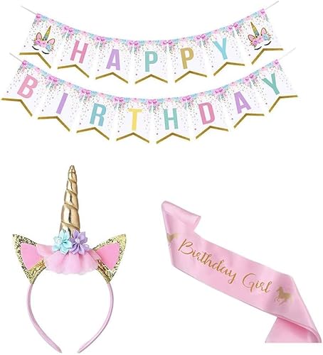 Nenluny Unicorn Happy Birthday Banner Pink Unicorn Headband Birthday Girl Sash Set for Unicorn Birthday Party Decoration Supplies