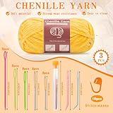 LUNARM 3 * 100g Chenille Yarn, Yarn for Crocheting Knitting with Big Eye Needles, Handcrafts Weaving Soft Chenille Yarn for Making Blankets, Clothes, Pattern Knitting Creations (Yellow)