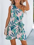 CUPSHE Women's One Shoulder Tropical Leaf Print Short Dress Self Tie Belt Sleeveless Mini Dress