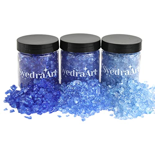 Syedra Crushed Glass for Crafts, 3-6mm Set of 3,Resin Art Crushed Colored Pieces 1LB (Blue)