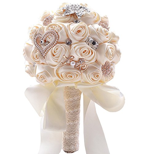 Jackcsale Romantic Wedding Bride Holding Bouquet Roses with Diamond Pearl Ribbon Valentine's Day Bouquet Confession (373 CRM)
