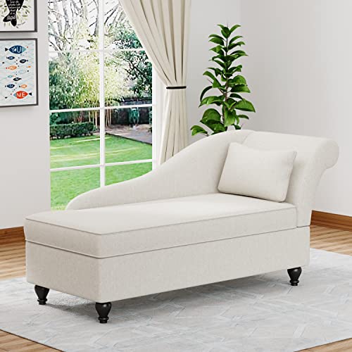 Yongqiang Storage Chaise Lounge Indoor Upholstered Lounge Chair for Bedroom Living Room Sofa Recliner BeigeLinen with Wood Legs (Right Armrest)